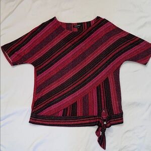 Glittery Striped Tie-Hem Short Sleeve Top - Red, Pink & Black